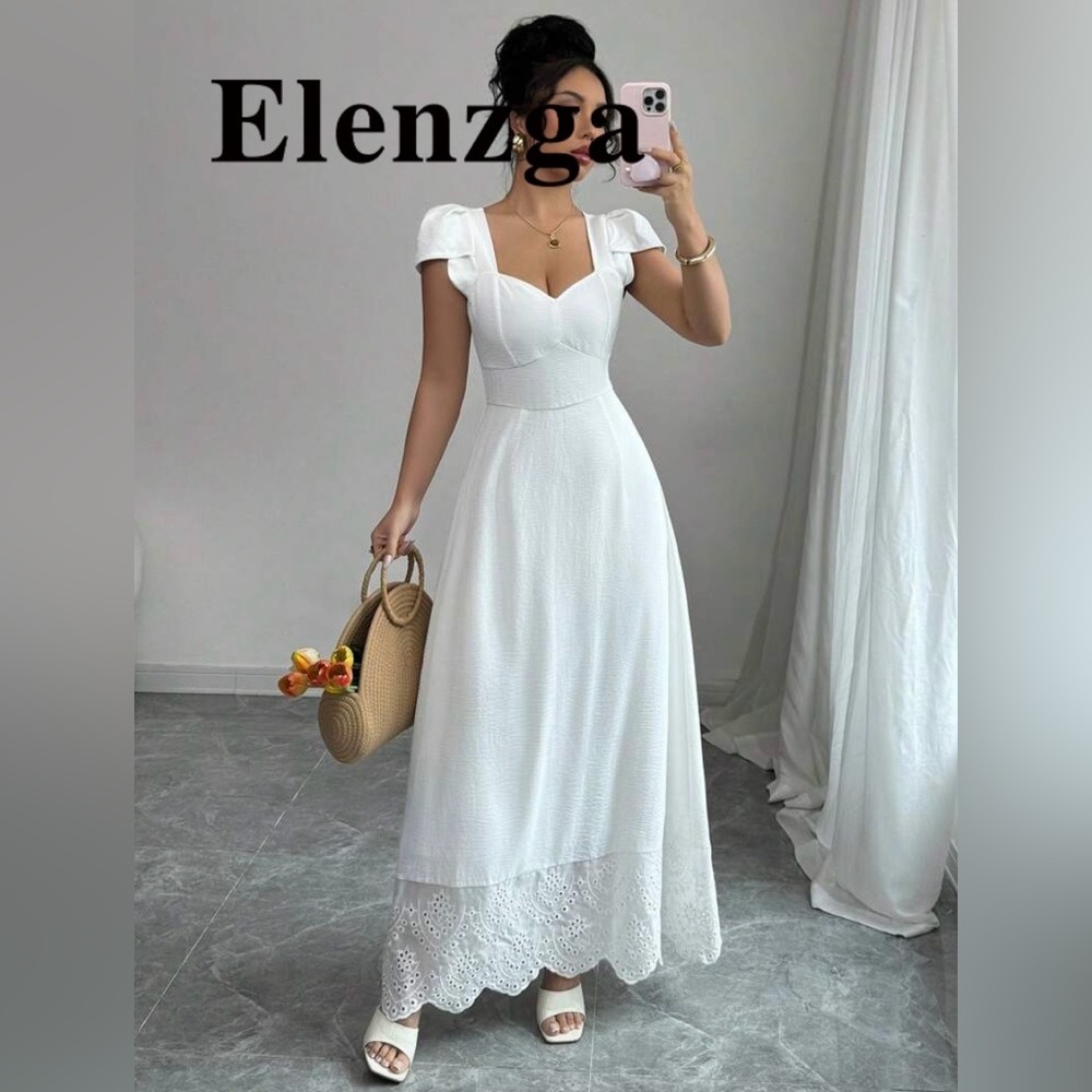 Elenzga Women Elegant Square Sweetheart Neck Flower Bud Short Sleeve- While